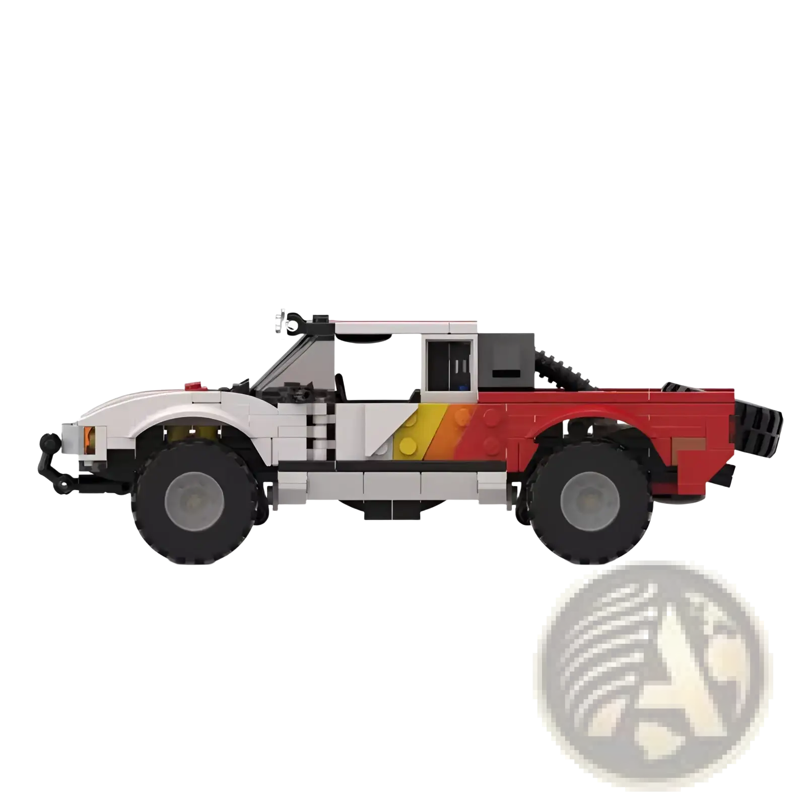 A red and white lego off-road pickup truck building block toy with black tires and yellow-orange side accents