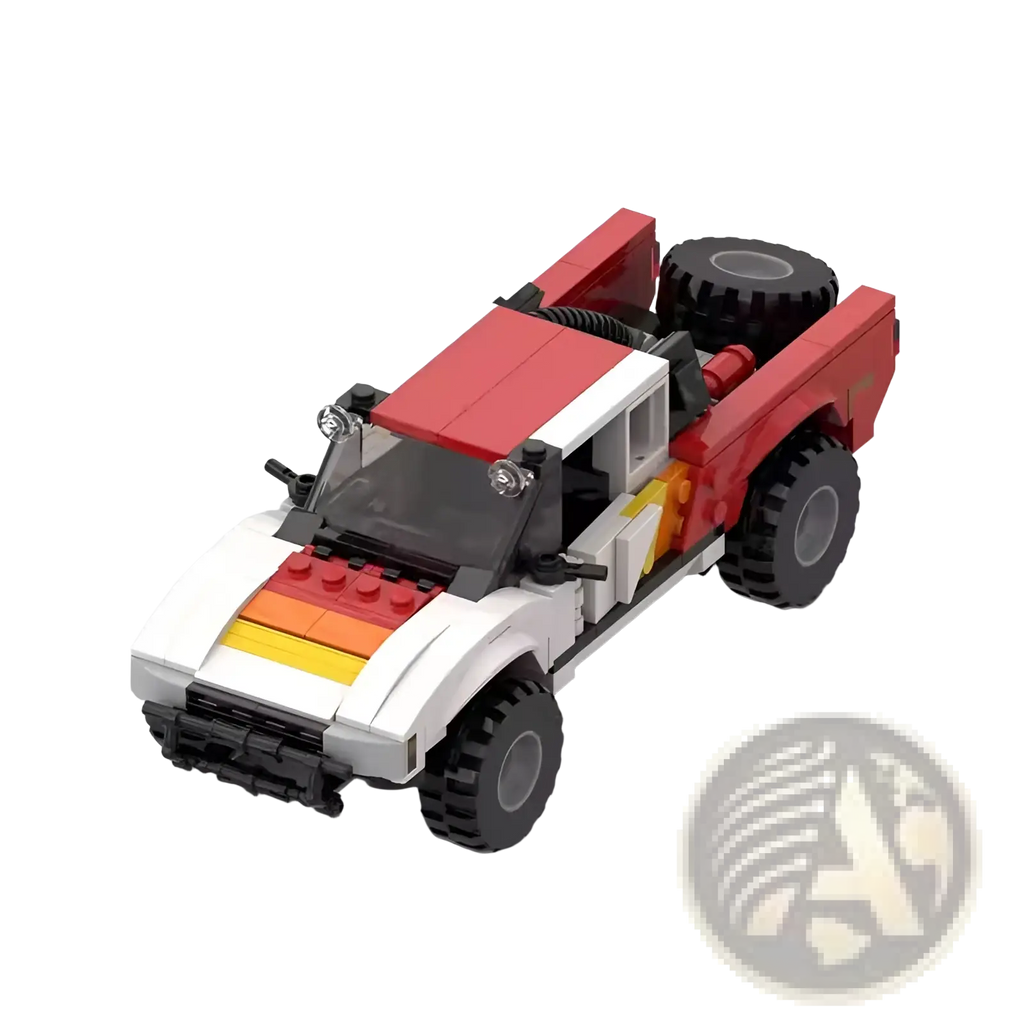Red and white lego off-road pickup truck building block toy showing the back with a spare tire mounted on black tires