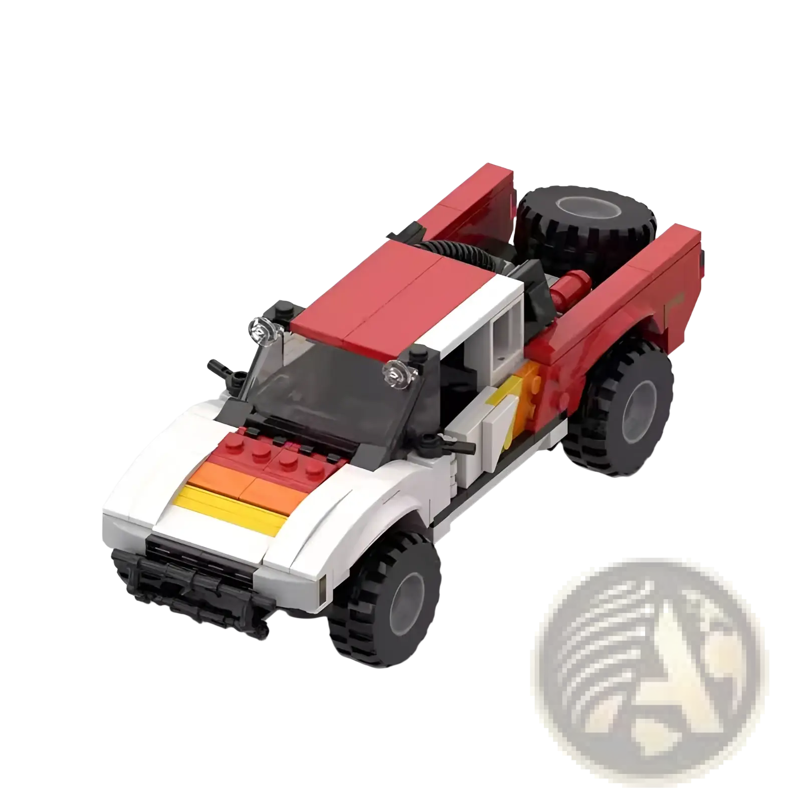 Red and white lego off-road pickup truck building block toy showing the back with a spare tire mounted on black tires