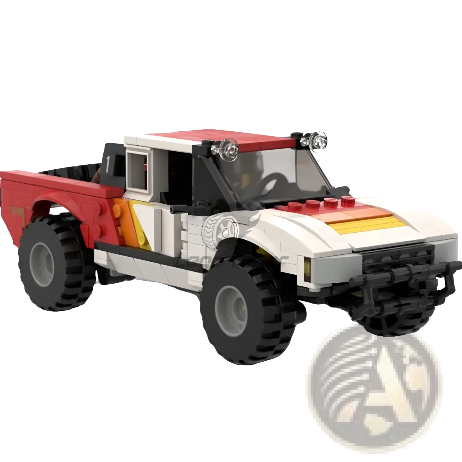 Red and white lego off-road pickup truck building block toy with black tires and rugged detailed design 403 pieces