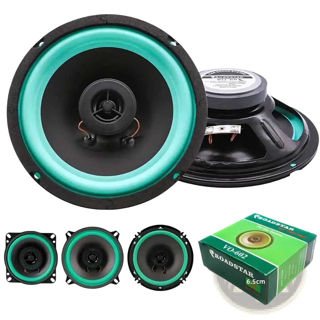 Teal and black 6.5-inch Roadstar VO-602 coaxial car speakers with green-accented cone design for universal audio stereo