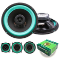 Teal and black 6.5-inch Roadstar VO-602 coaxial car speakers with green-accented cone design for universal audio stereo