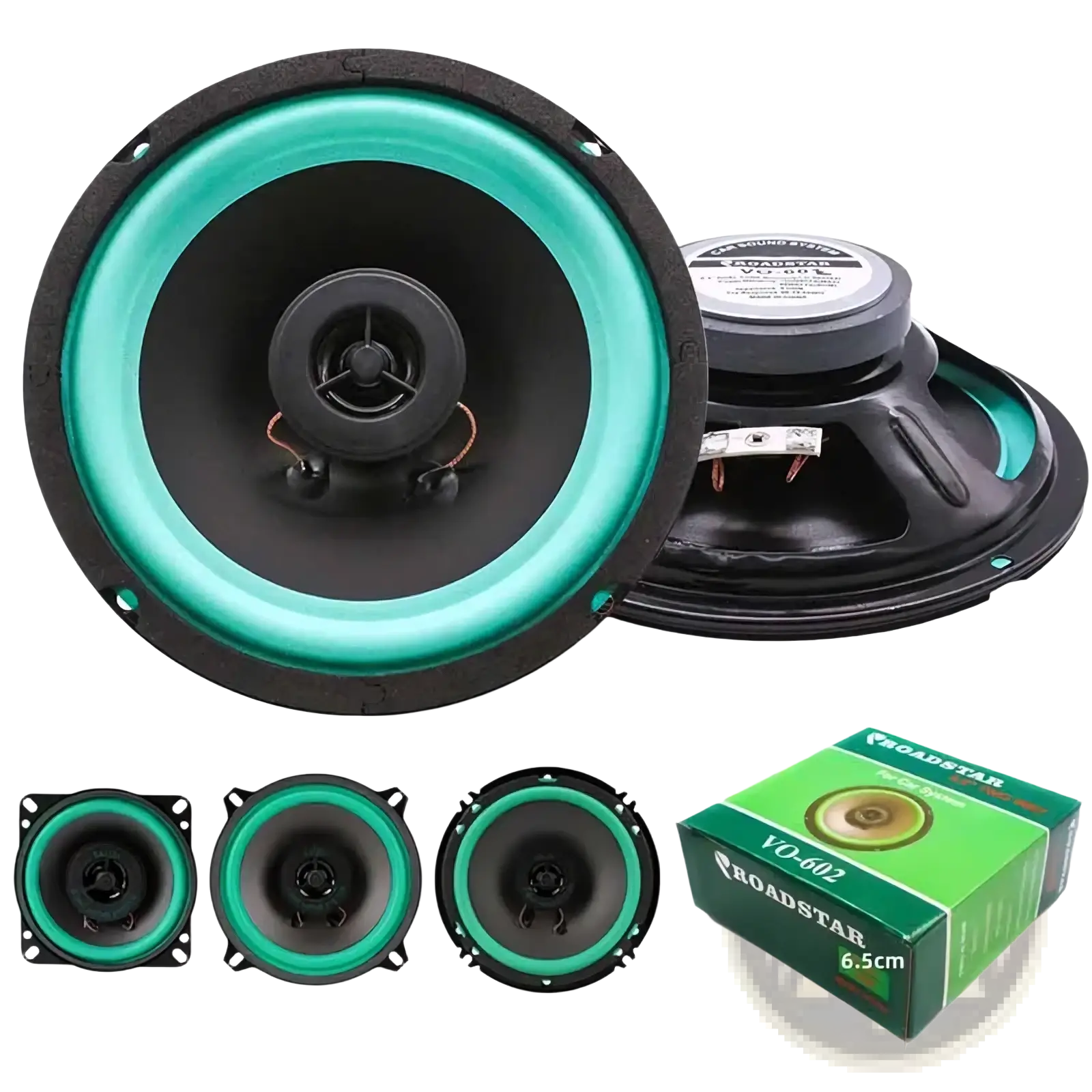 Teal and black 6.5-inch Roadstar VO-602 coaxial car speakers with green-accented cone design for universal audio stereo