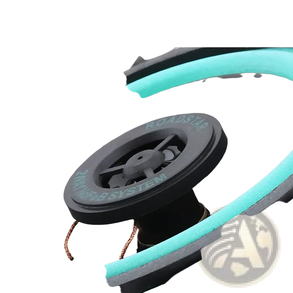 Black Roadstar coaxial car speaker with 2-way audio, teal surround, and copper wiring for universal stereo use