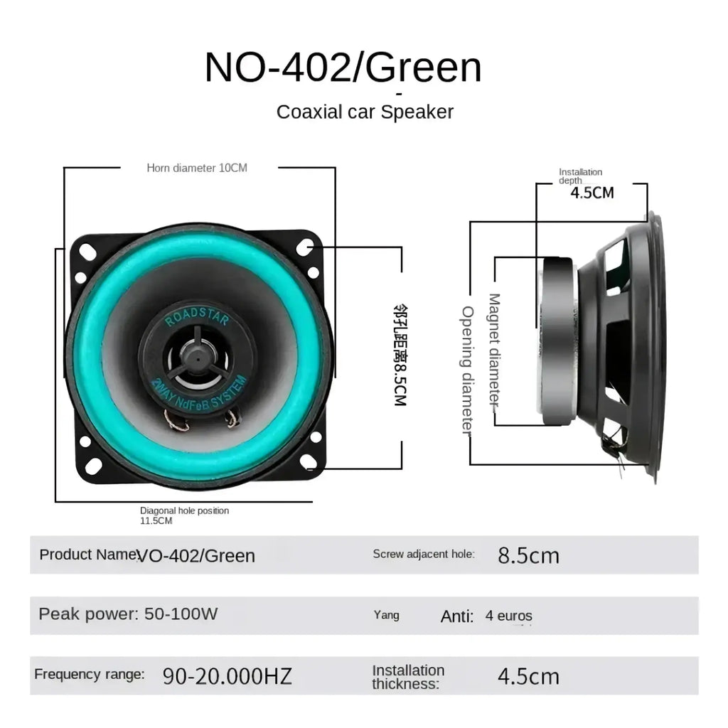 Roadstar coaxial car speaker green with black frame and silver magnet model no 402 for universal audio stereo use