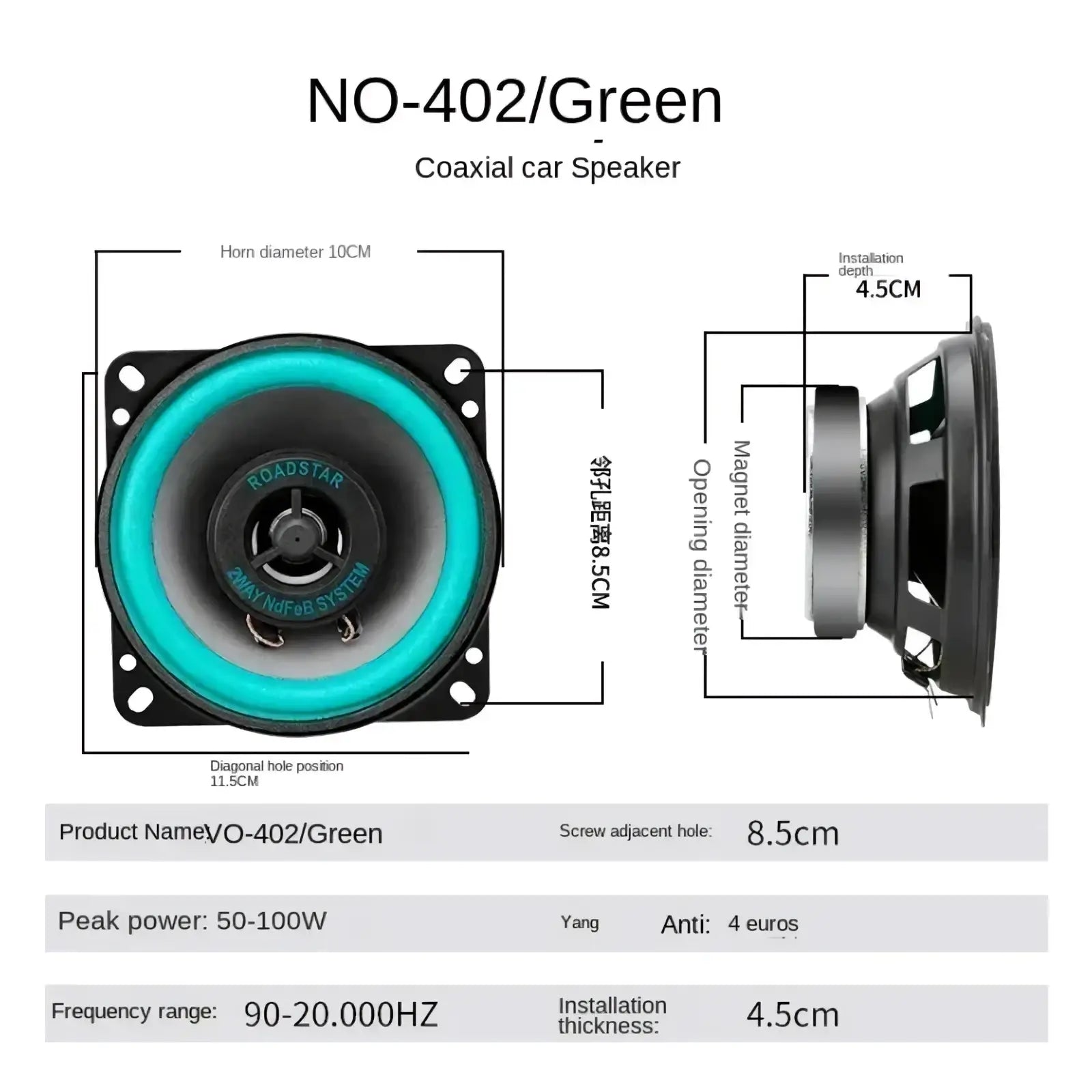 Roadstar coaxial car speaker green with black frame and silver magnet model no 402 for universal audio stereo use