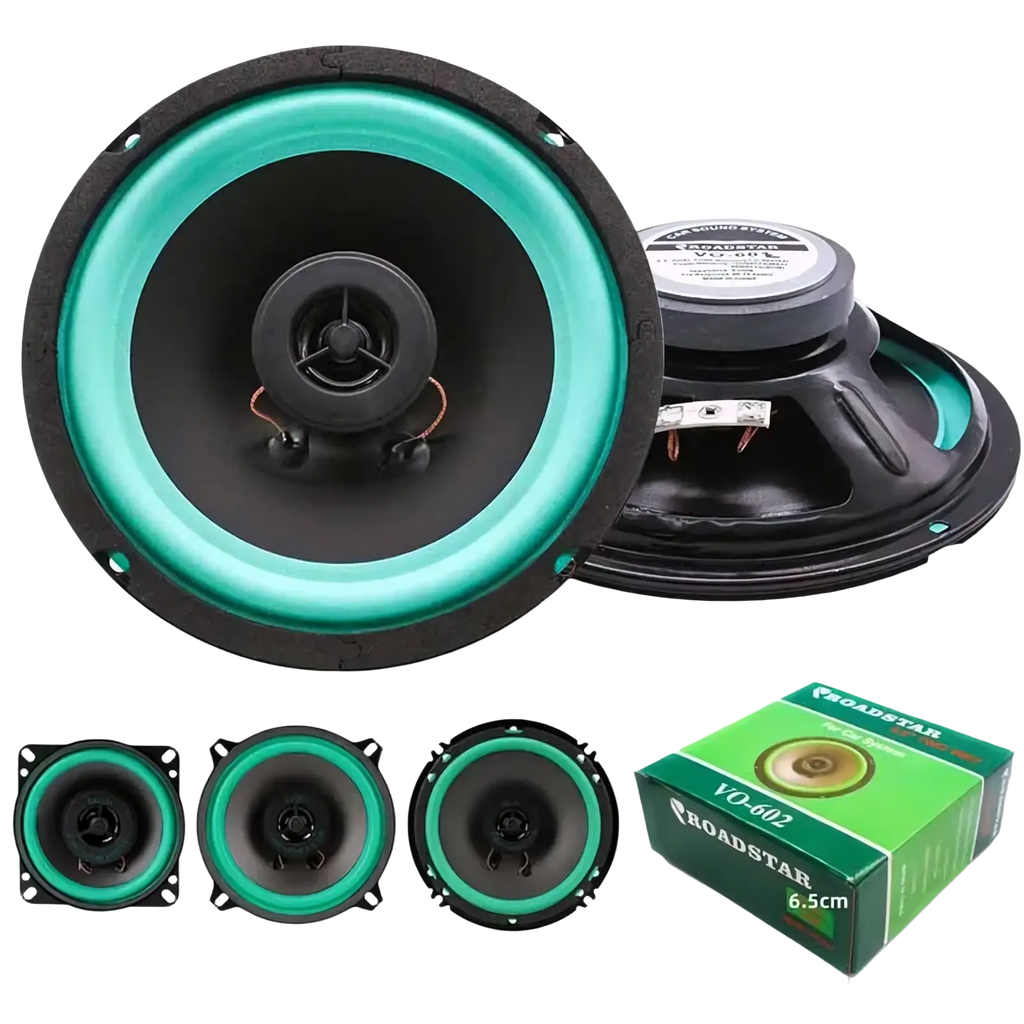 Teal and black 6.5-inch Roadstar VO-602 coaxial car speakers with green-accented cone design for universal audio stereo