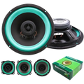 Teal and black 6.5-inch Roadstar VO-602 coaxial car speakers with green-accented cone design for universal audio stereo