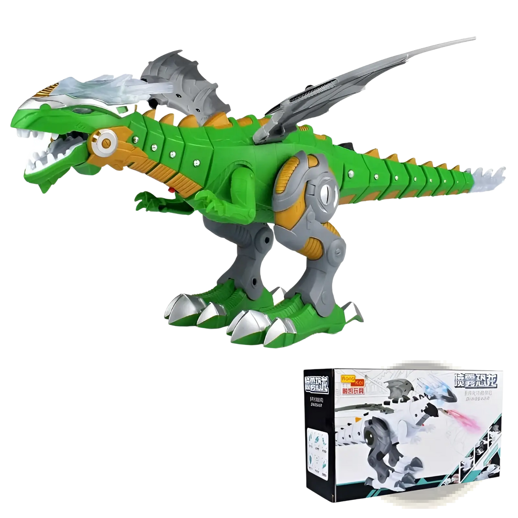 Green and orange robotic dinosaur toy with silver metallic accents featuring mist spraying and walking functions