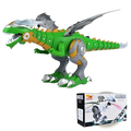 Green and orange robotic dinosaur toy with silver metallic accents featuring mist spraying and walking functions