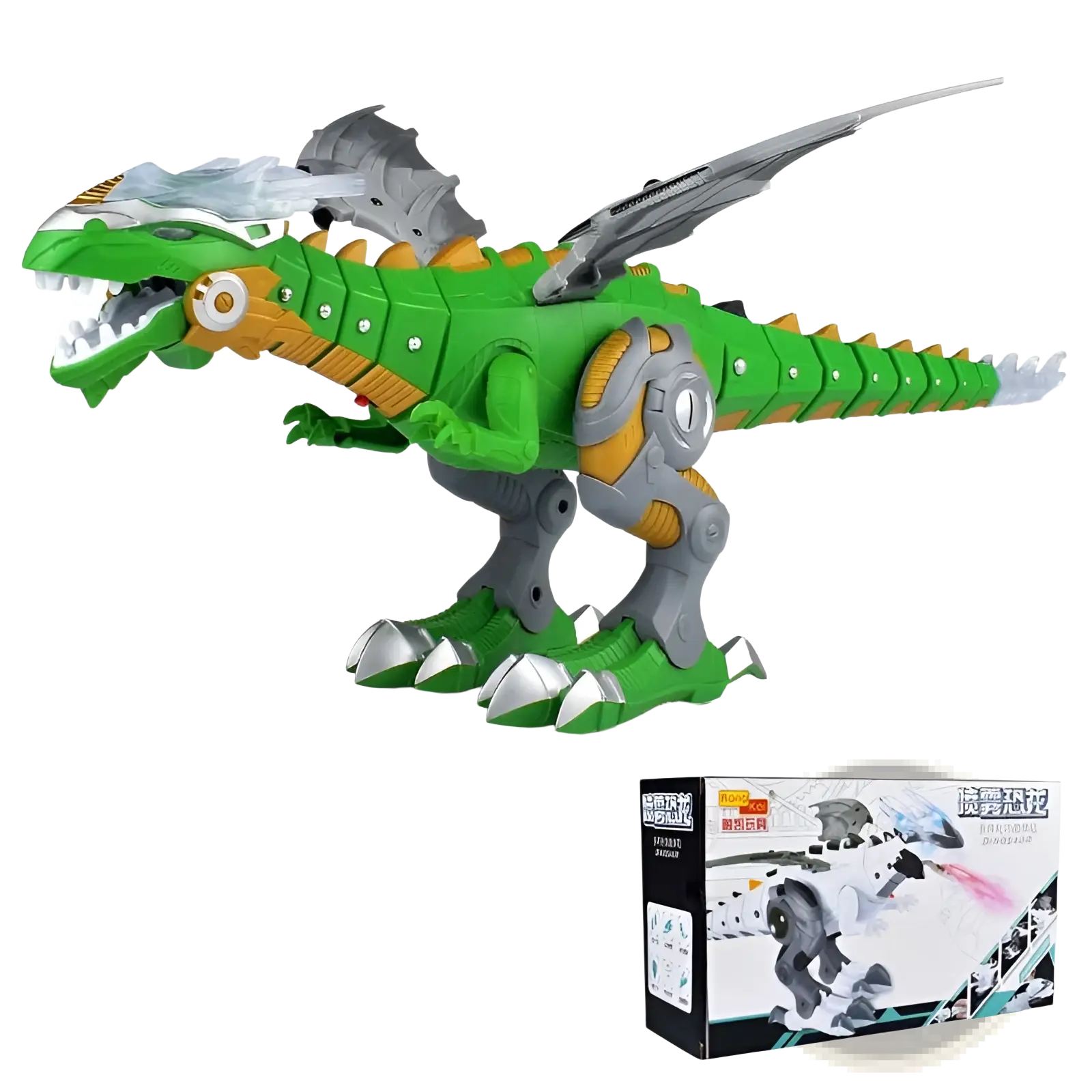 Green and orange robotic dinosaur toy with silver metallic accents featuring mist spraying and walking functions