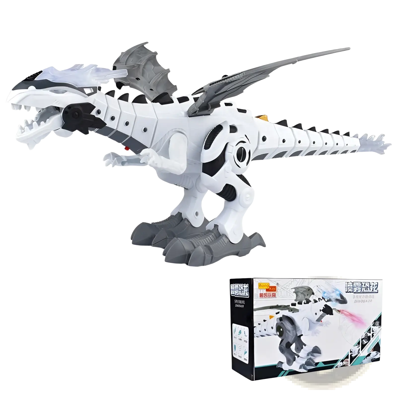 White and gray robotic dinosaur toy with black accents featuring articulated joints and mist spraying walking function
