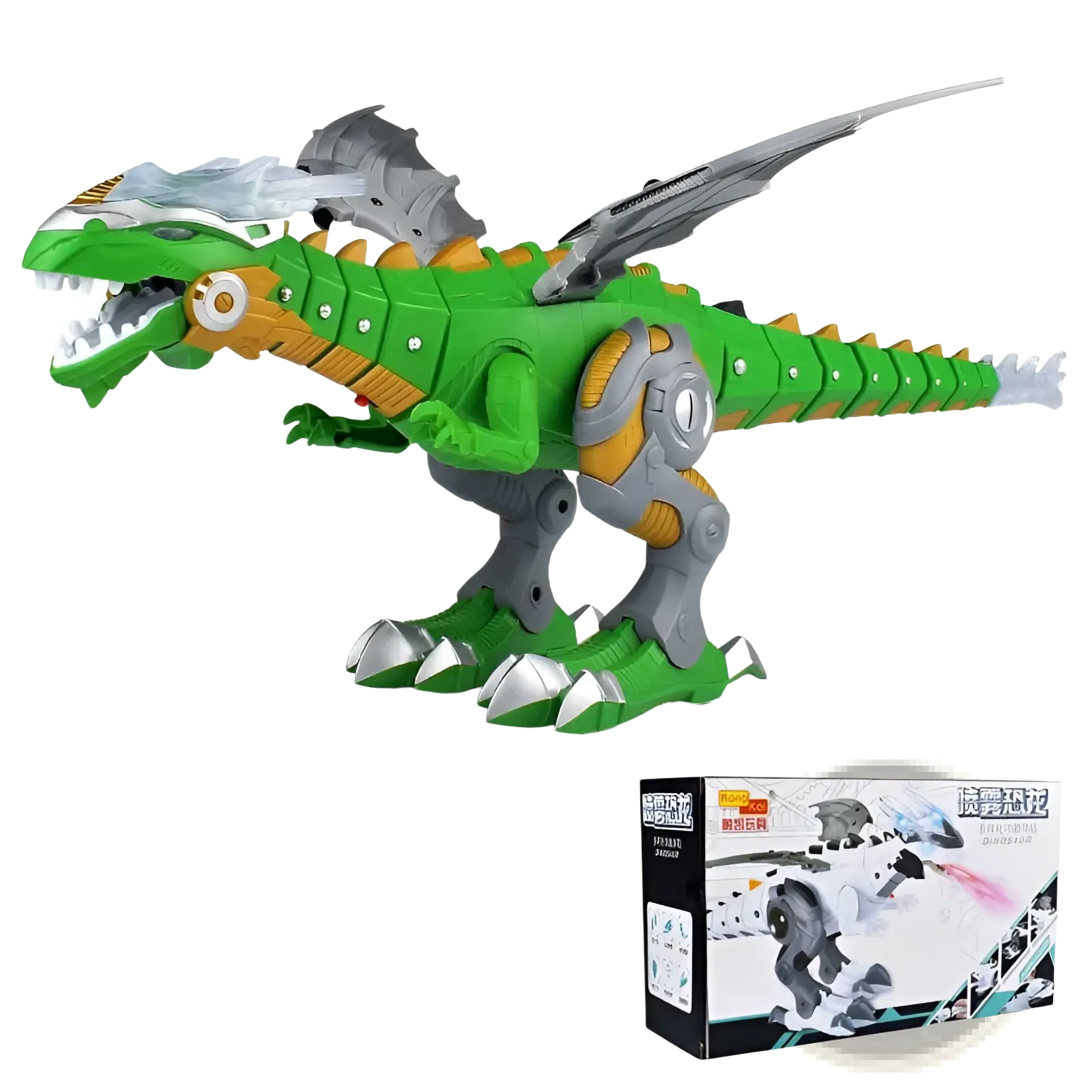 Robot dinosaur mist spraying walking toy dragon in green and orange with metallic gray wings claws and joints