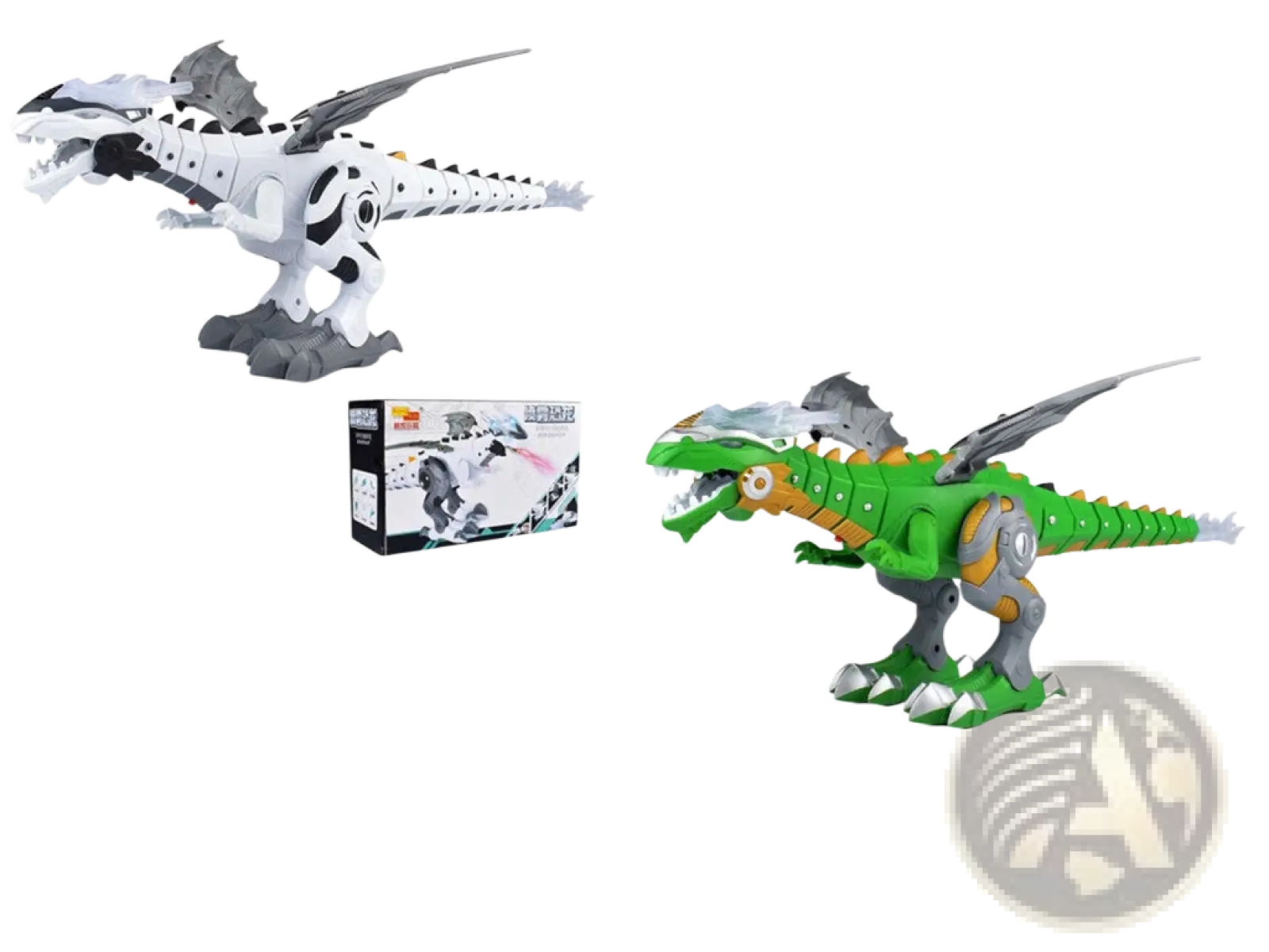 White and black robot dinosaur mist spraying walking toy with articulated joints and metallic gray wings and feet