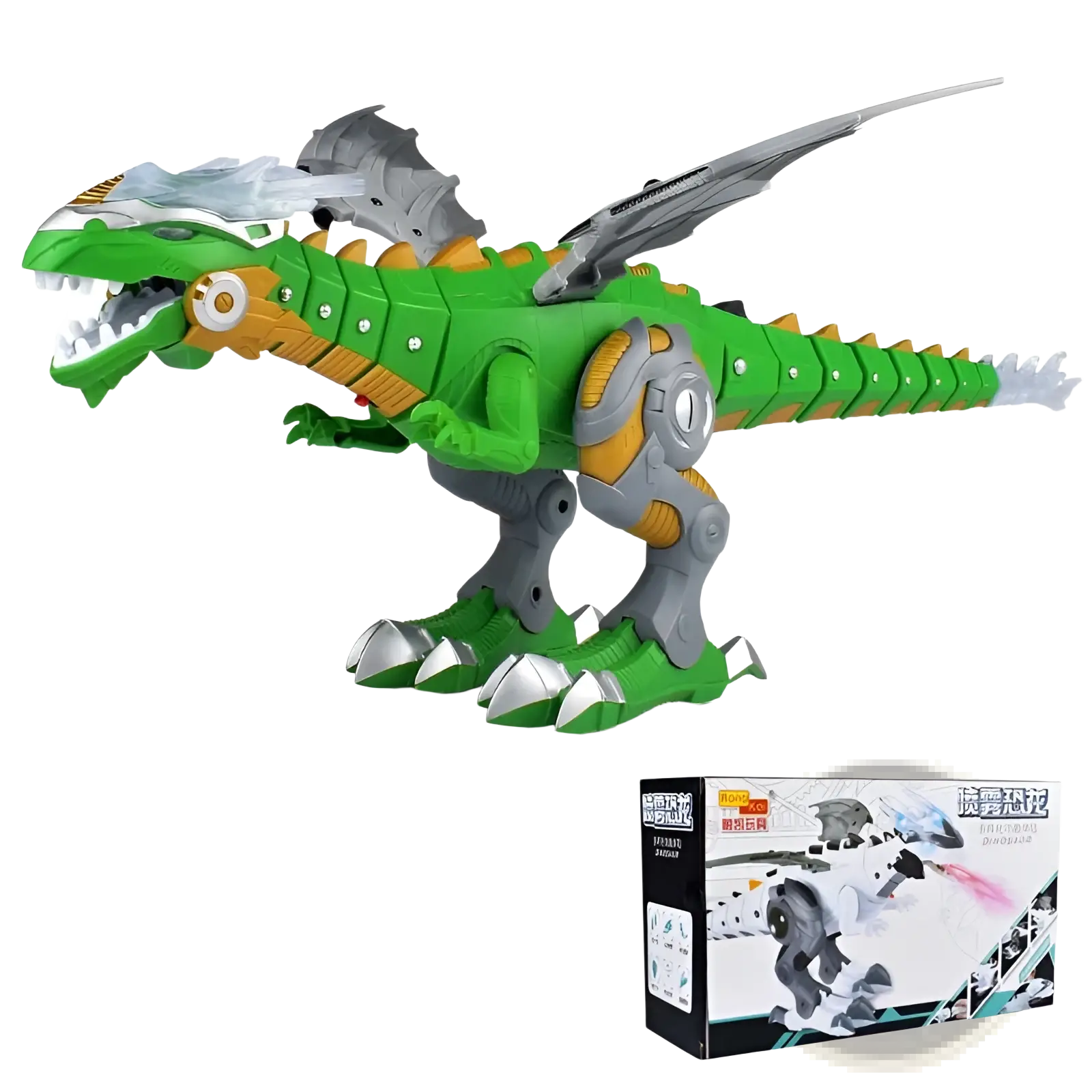 Green and orange robot dinosaur mist spraying walking toy with metallic gray wings claws and joints
