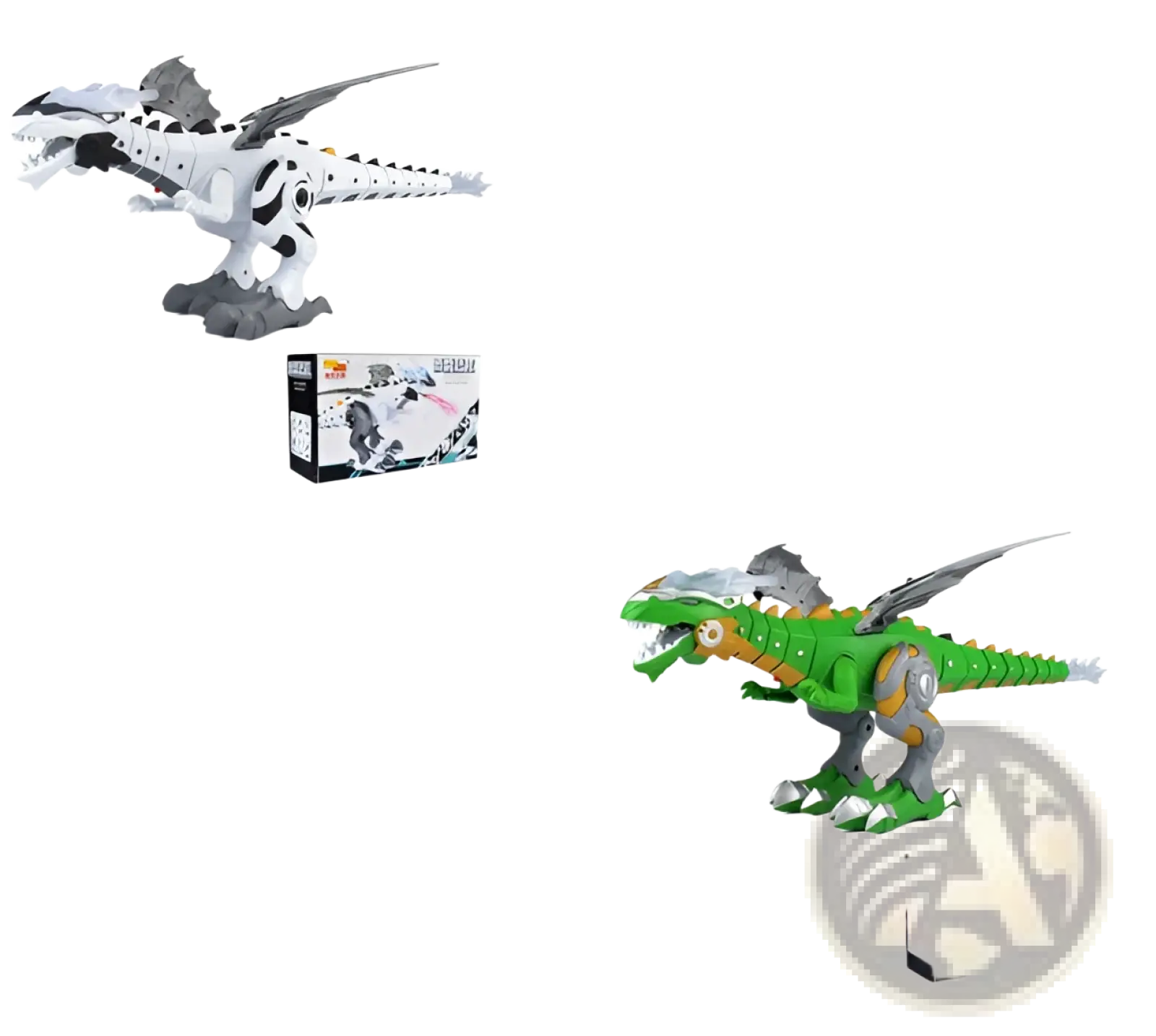White and gray robotic dinosaur toy with black accents featuring articulated limbs and mist spraying walking function