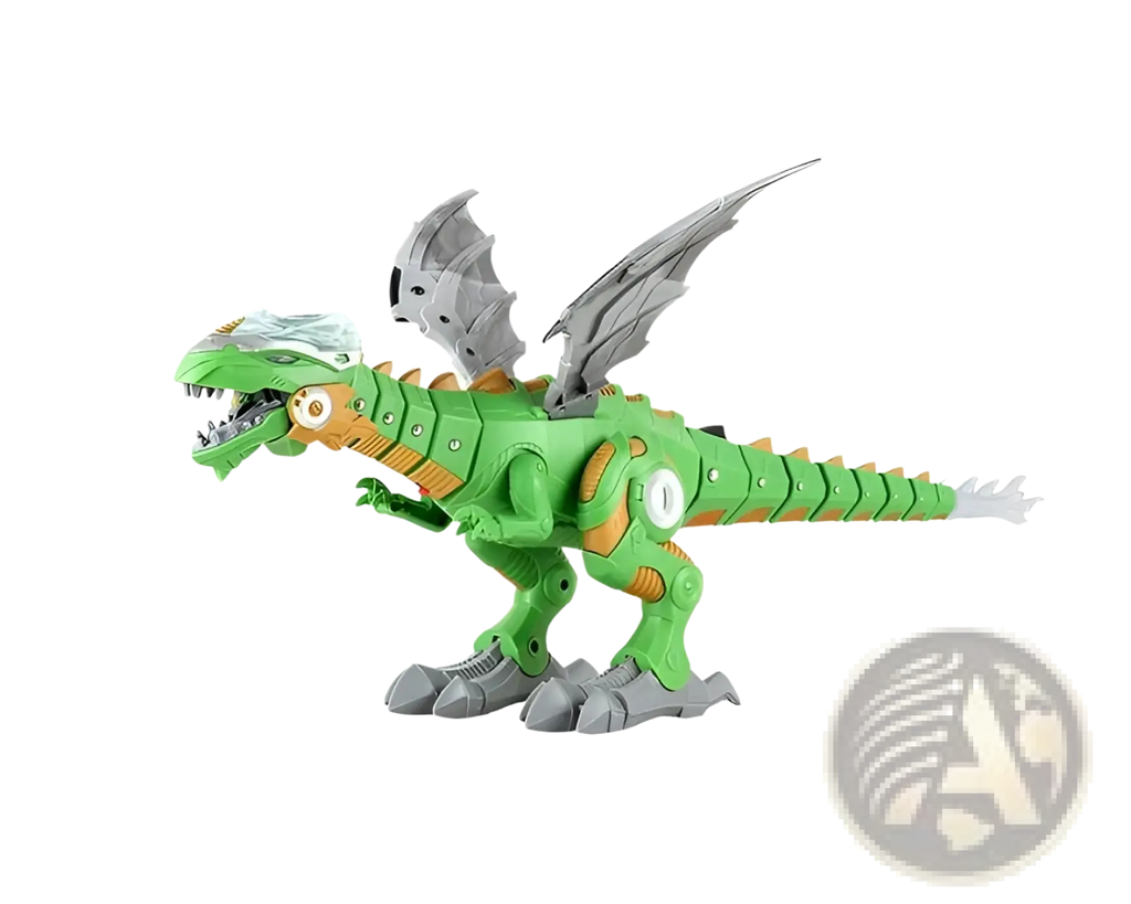 Robot dinosaur mist spraying walking toy dragon in green and orange with gray wings and metallic accents