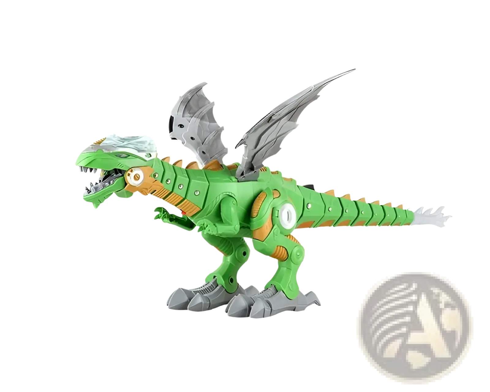 Robot dinosaur mist spraying walking toy dragon in green and orange with gray wings and metallic accents