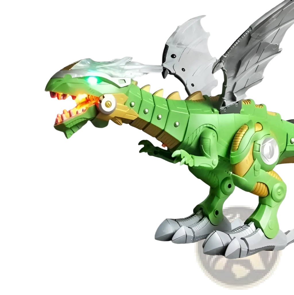 Green and yellow robot dinosaur mist spraying walking toy dragon with glowing red laser beam from its mouth