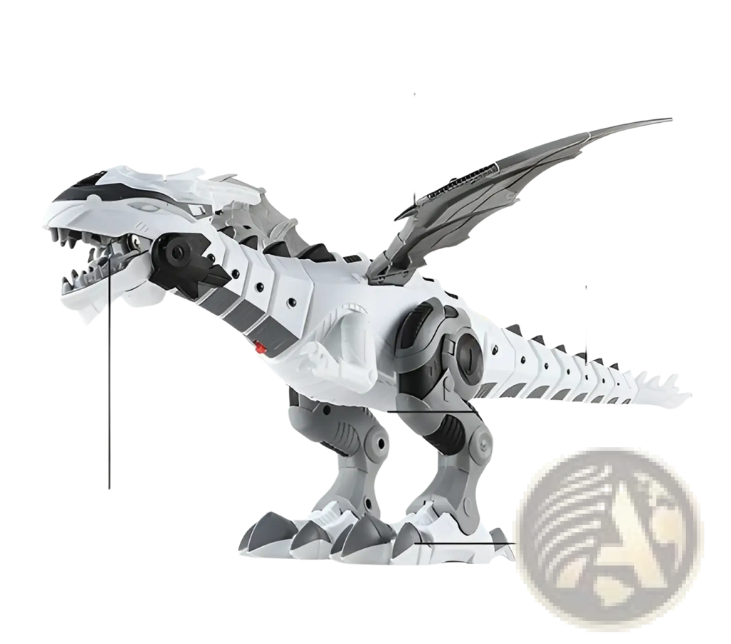 White and gray robotic dinosaur mist spraying walking toy with articulated wings tail and legs for simulation walking