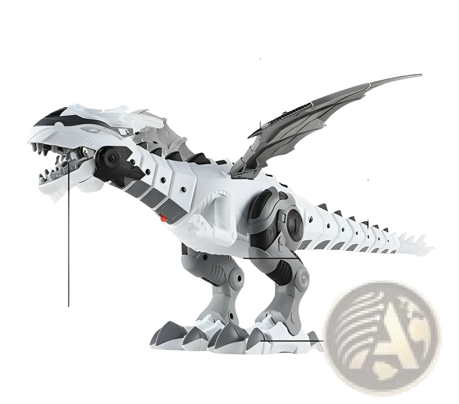 White and gray robotic dinosaur mist spraying walking toy with articulated wings tail and legs for simulation walking