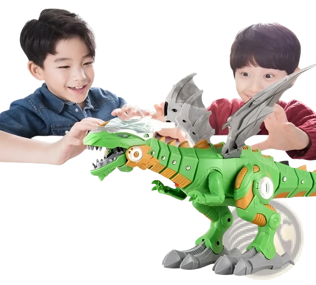 Green and orange robotic dinosaur toy with gray wings featuring mist spraying and walking functions
