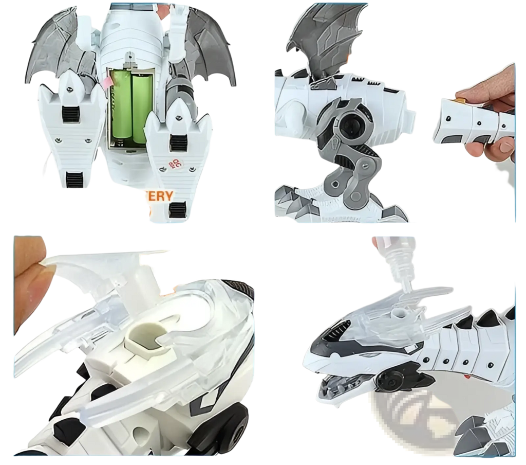 White and gray plastic robotic dragon toy with black accents detachable wings and water-filled walking mist spray design