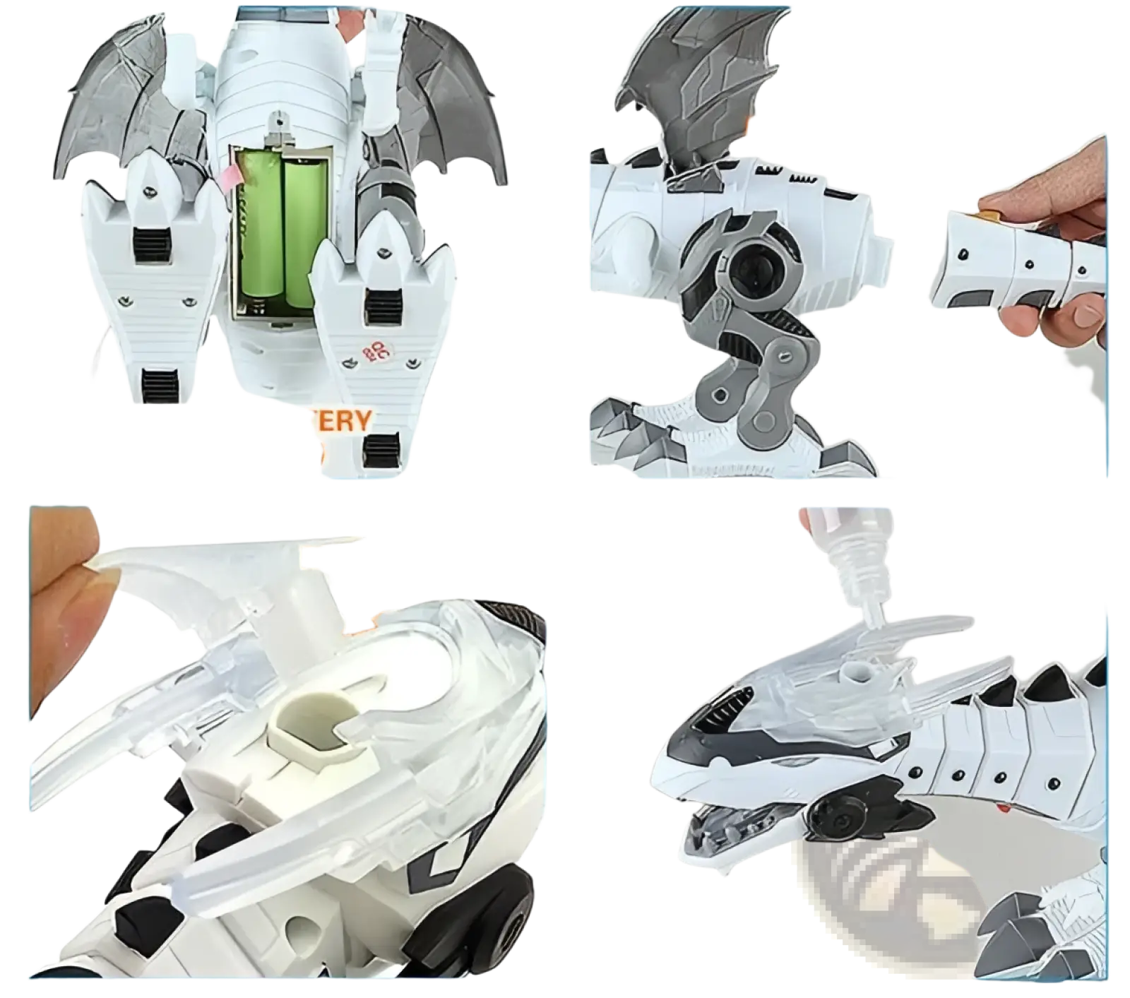 White and gray plastic robotic dragon toy with black accents detachable wings and water-filled walking mist spray design