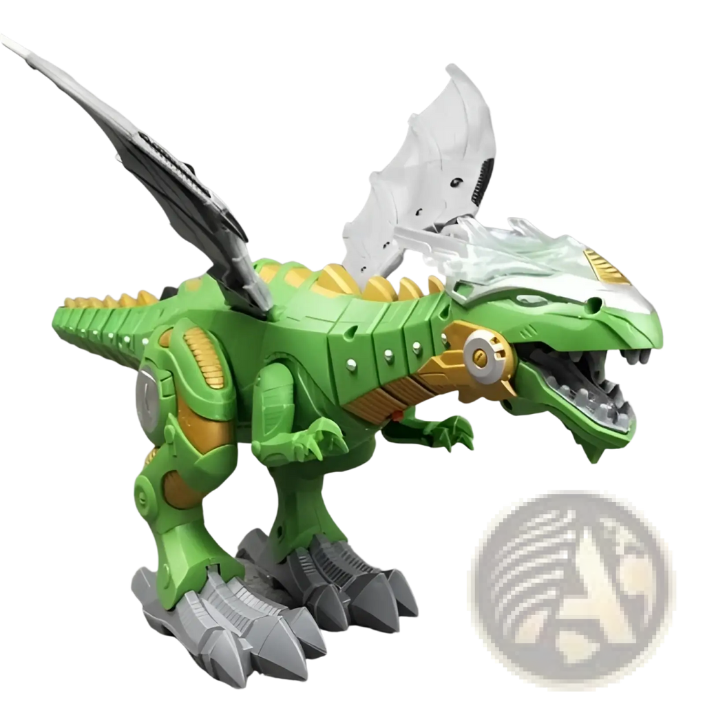 Green and gold robotic dinosaur toy with silver wings metallic accents mist spraying and walking features