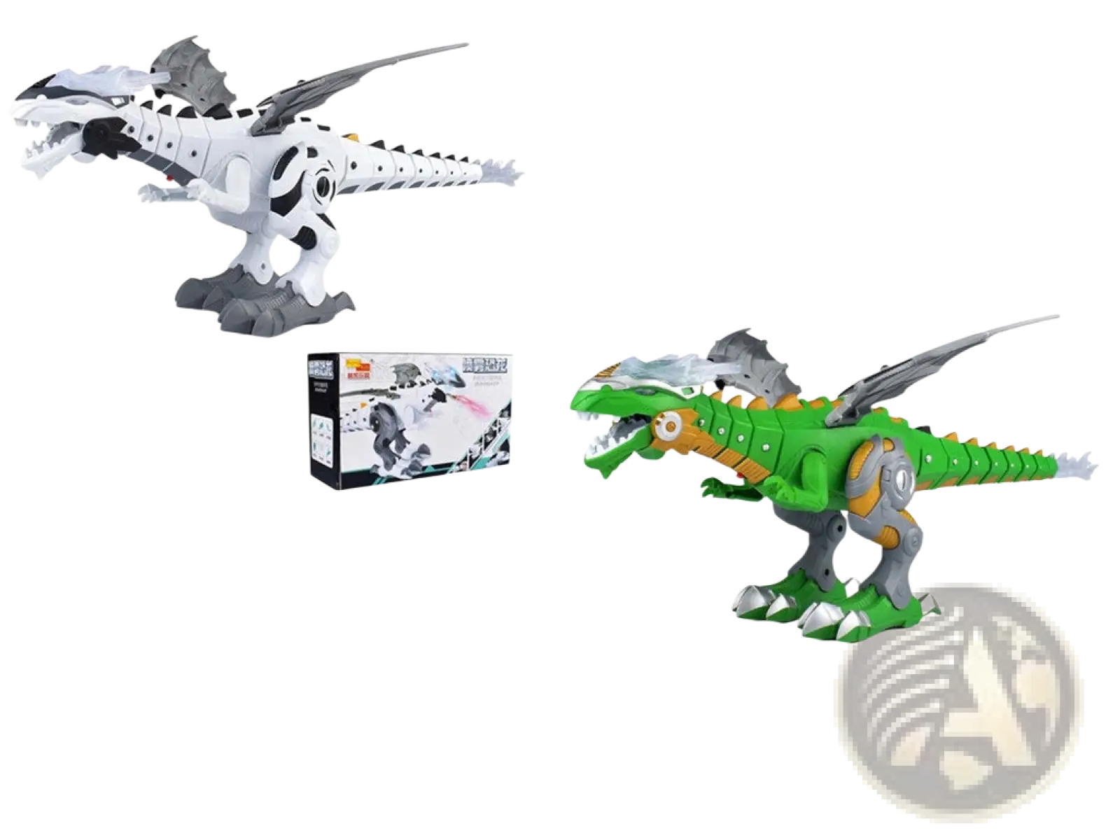Green and yellow robotic dinosaur mist spraying walking toy with gray wings and metallic joints for interactive play