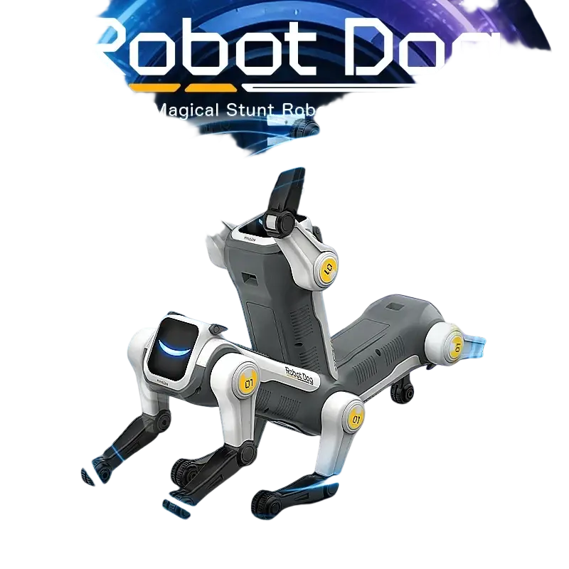 Robot dog intelligent ai programmable rc toy in gray and white with black joints and yellow circular accents on limbs