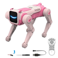 Robot dog intelligent ai programmable rc toy with pink and white sleek plastic body and glowing blue eyes