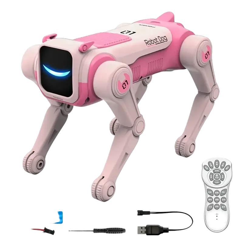 Robot dog intelligent ai programmable rc toy with pink and white sleek plastic body and glowing blue eyes
