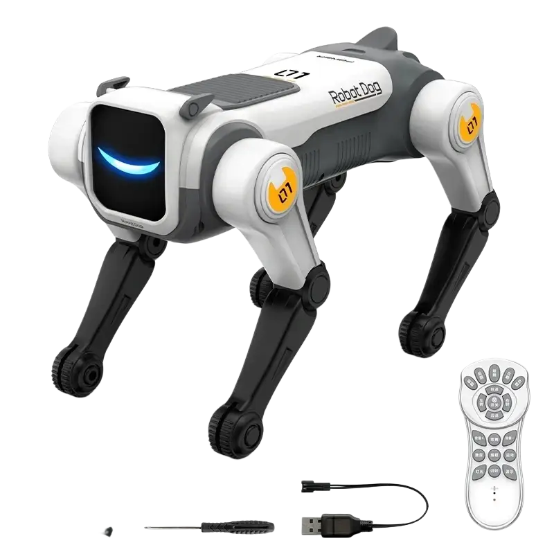 White and gray robot dog with black legs, glowing blue smile, and yellow d7 logos on joints for intelligent AI play
