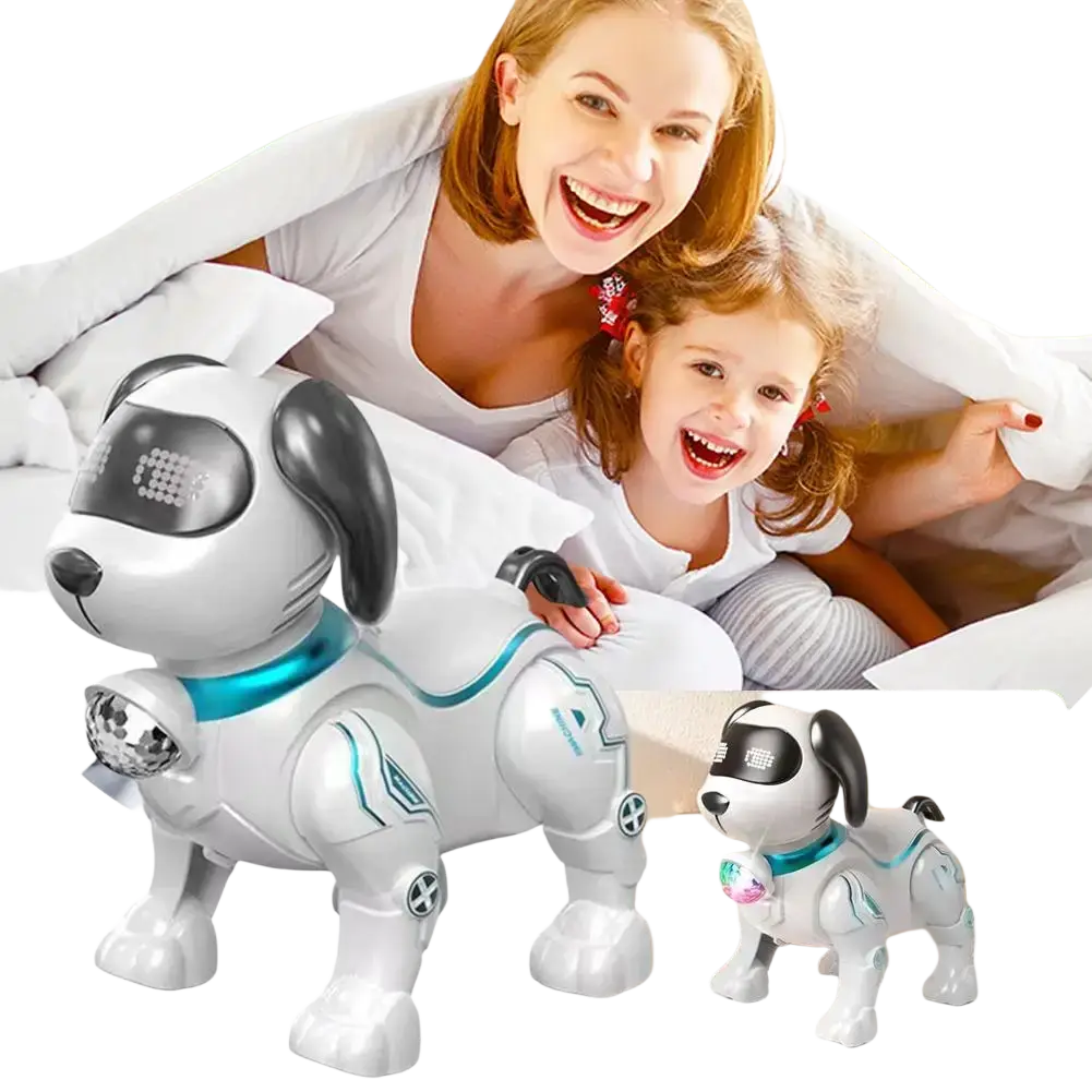 White and black robotic dog toy with teal accents featuring digital eye display and led lights for intelligent music robot play