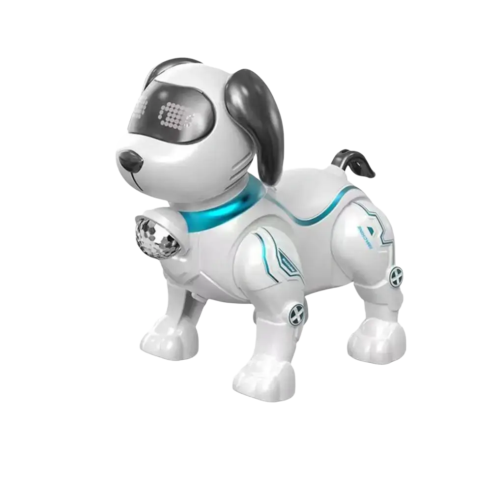 White and black robotic dog toy with teal accents featuring led eyes and disco ball for intelligent music robot play