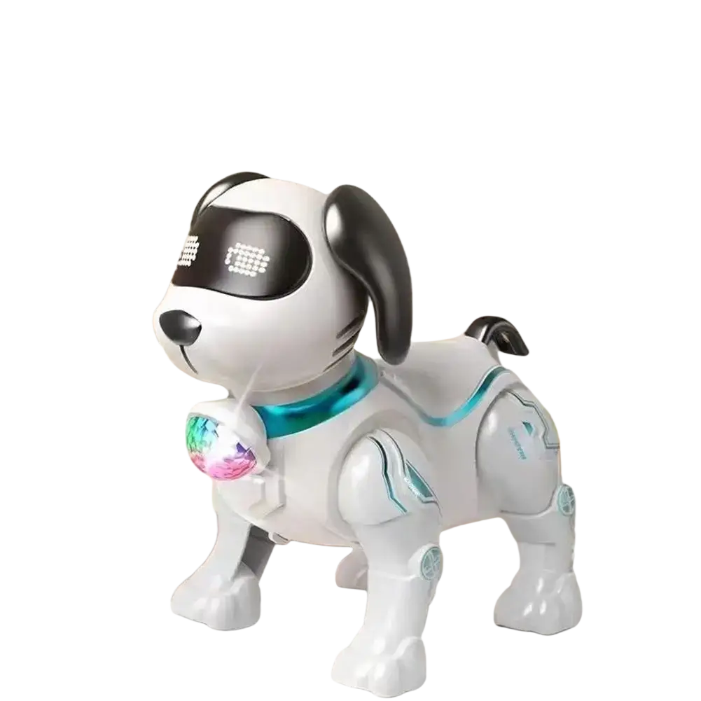 Robot dog intelligent music robotic toy in white and black with led-lit eyes, glowing blue collar, and colorful chest lights