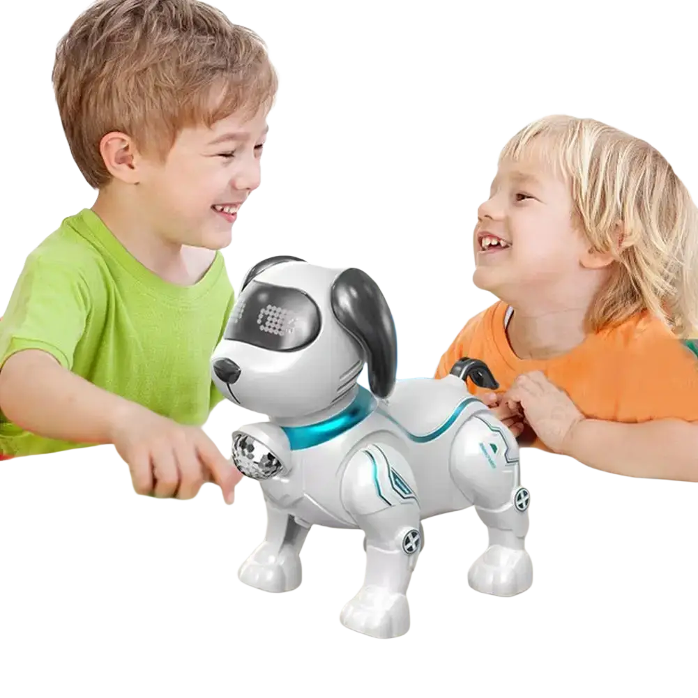 White and black robotic dog toy with teal accents featuring digital eye display and led lights for intelligent music robot use