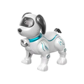 White robotic dog toy with black ears and glowing blue accents featuring a disco ball on its chest for intelligent music robot play