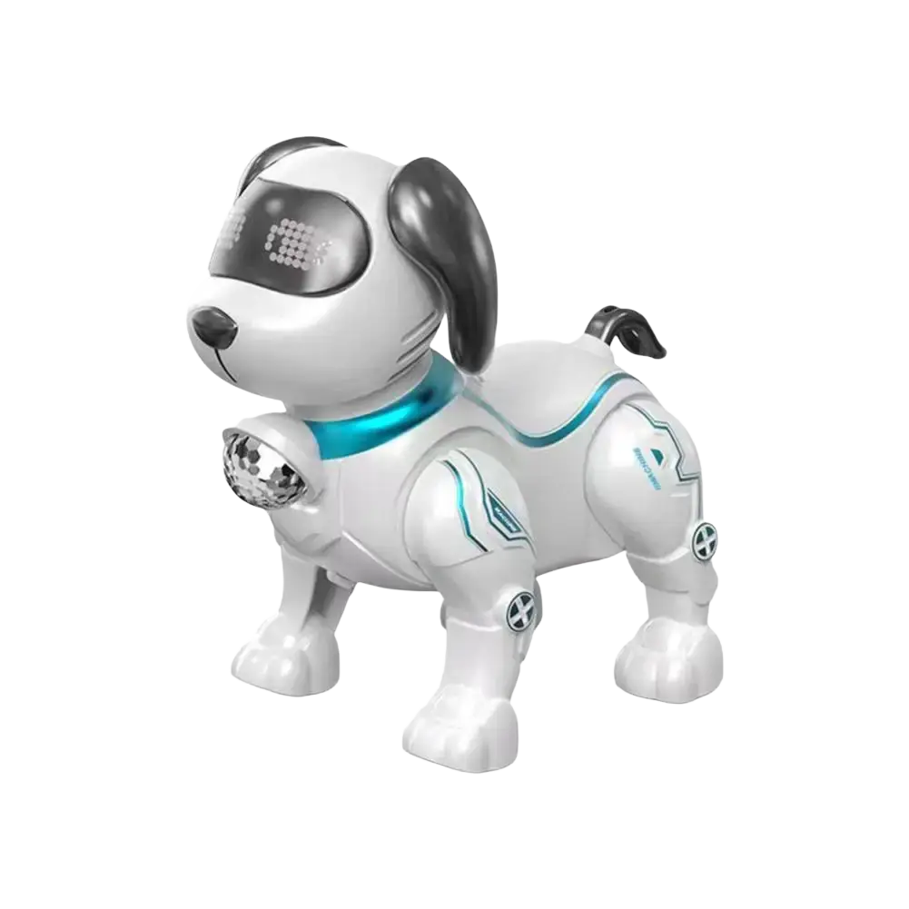 White robotic dog toy with black ears and glowing blue accents featuring a disco ball on its chest for intelligent music robot play