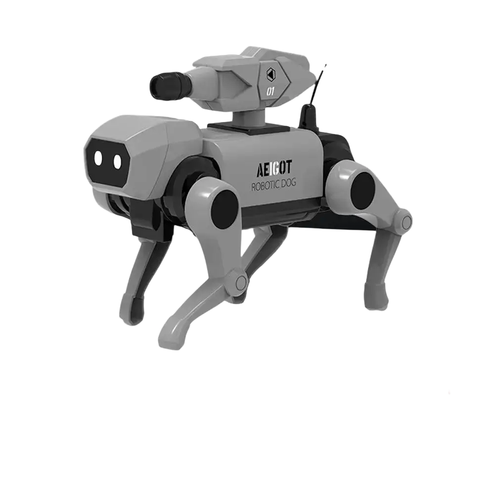 Gray and black simulated robot dog toy with turret-mounted camera for interactive voice control play