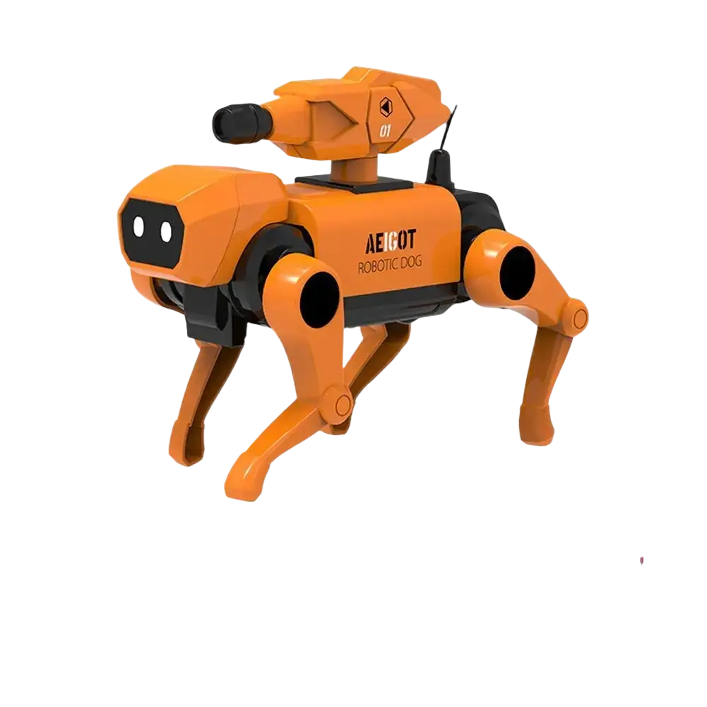 Orange and black aeigot simulated robot dog with turret-mounted camera for interactive voice control smart toy use
