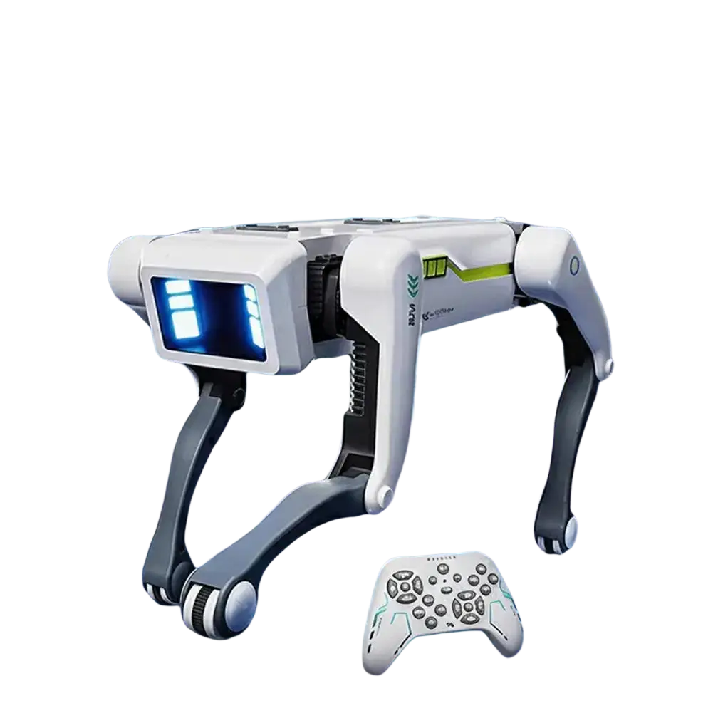 Robot dog interactive voice control smart toy in white and black with glowing blue led eyes and sleek futuristic design