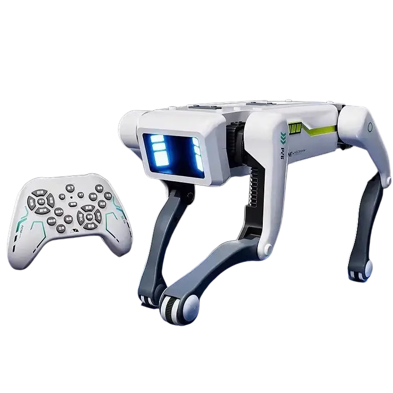 White and gray robot dog with blue led display and articulated limbs designed as an interactive voice control smart toy