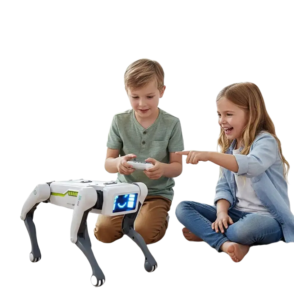 White and gray robot dog with green accents and digital display on chest interactive voice control smart toy