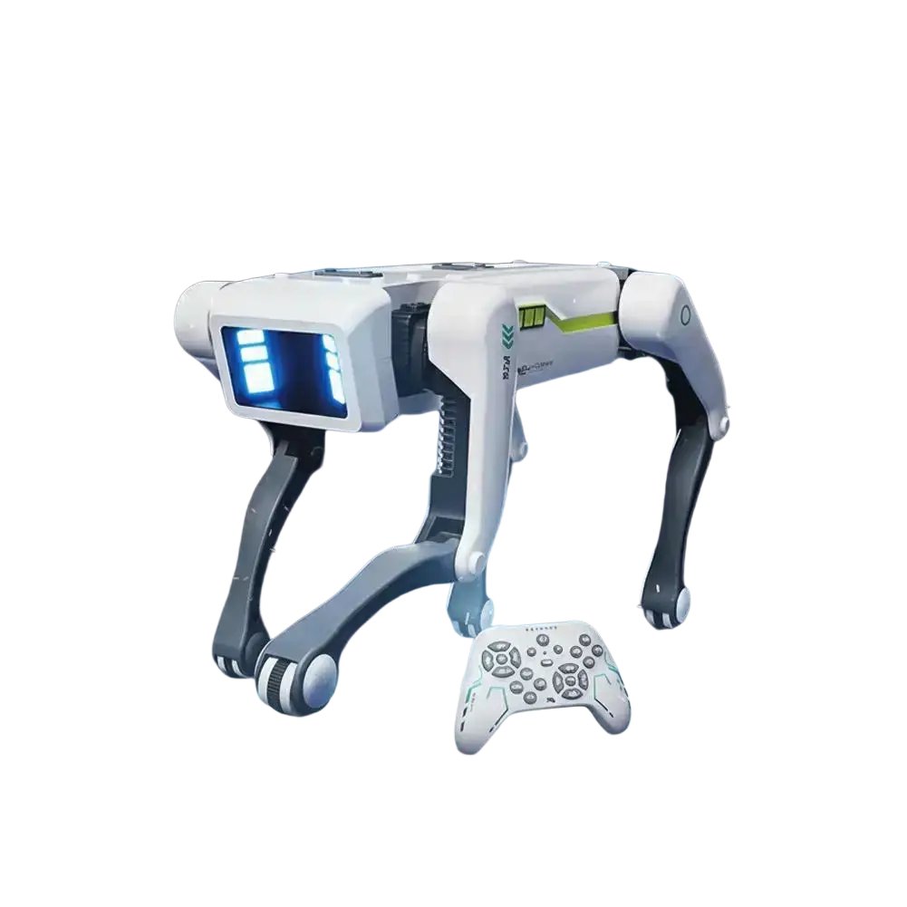 White and gray robot dog with glowing blue led eyes featuring a sleek articulated design for interactive voice control