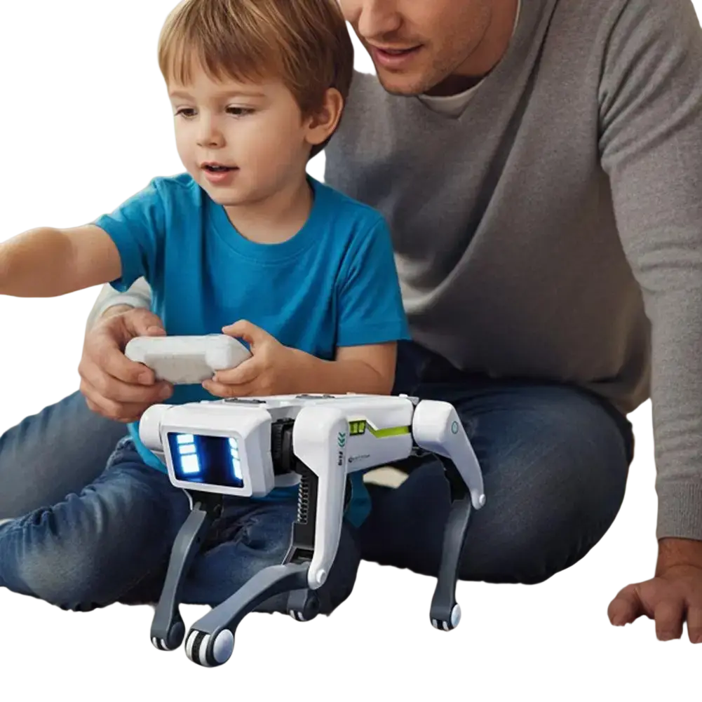 White and gray robot dog with blue led screen and articulated legs is an interactive voice control smart toy