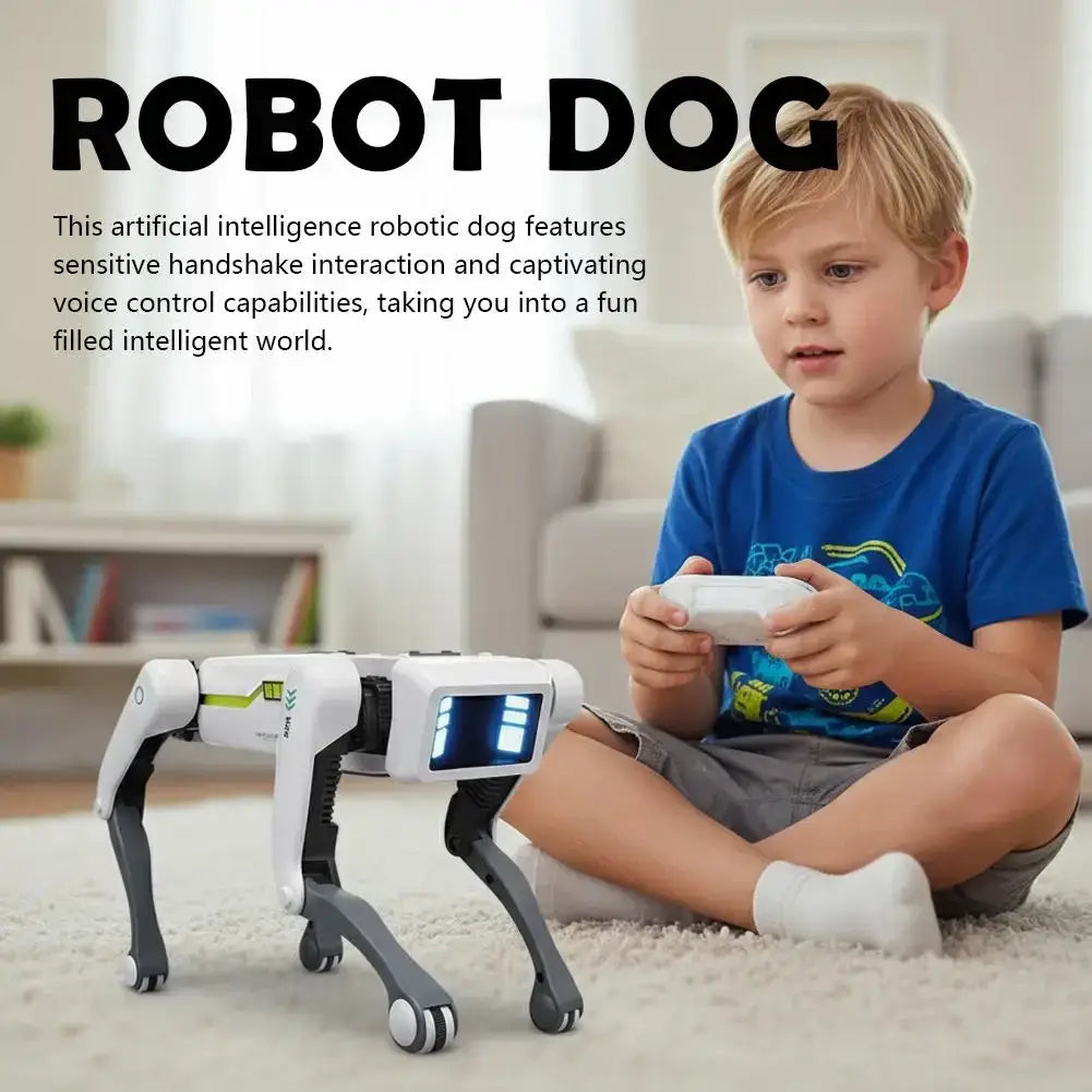 White and gray robot dog interactive voice control smart toy with articulated legs and led-lit face panel design