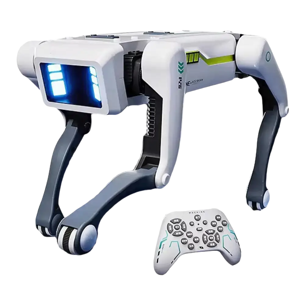 White and gray robot dog with blue illuminated display screen and black articulated legs for interactive voice control