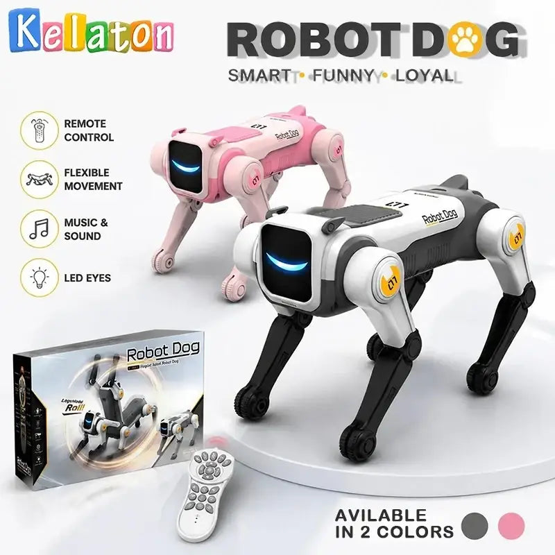 The kelaton robot dog is a smart four-legged remote control toy with led eyes and flexible movement and compact product size
